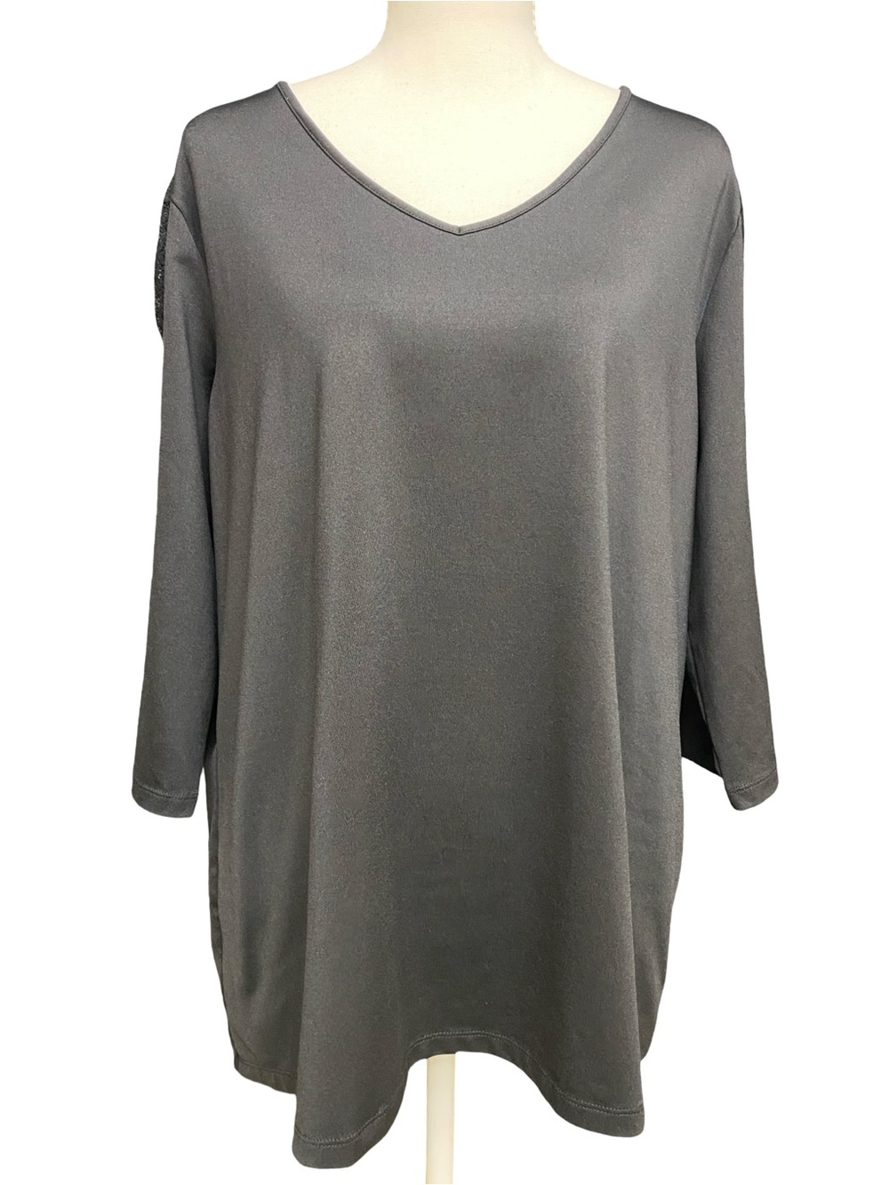 Susan Graver Women’s 1X Black Tunic Top Lace Sleeve Detail V-Neck Stretch Knit